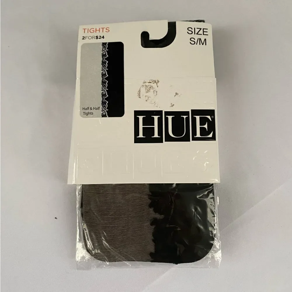 HUE Baroque Split Control Top Tights Half & Half S/M BLACK